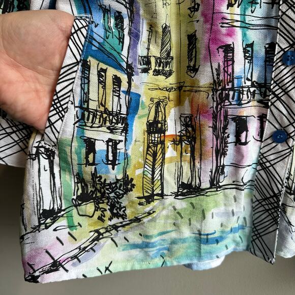 Ali Miles Mandarin Collar Tunic 3/4 Sleeve Button Front Blouse Top L City Print - Picture 7 of 12